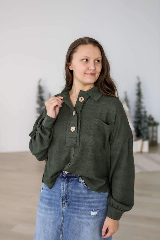 “Buttoned Up” Top - Olive Green